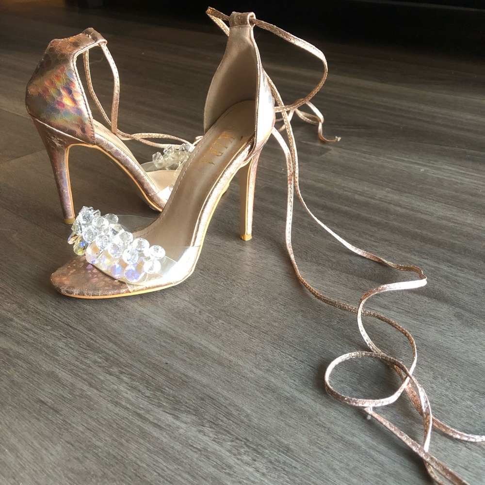 AKIRA Chrome Snake Rose Gold High Heels